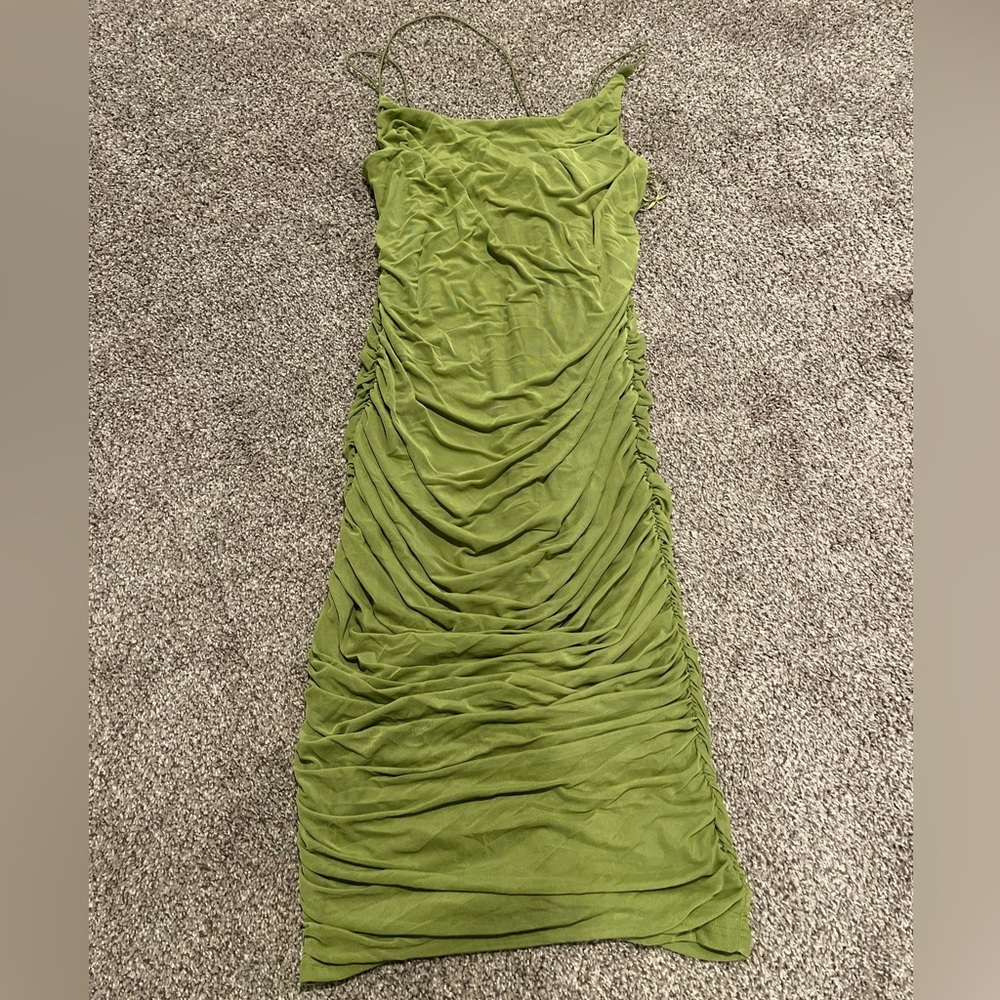 Chartreuse Ruched midi dress. (Added lilac image as visual)